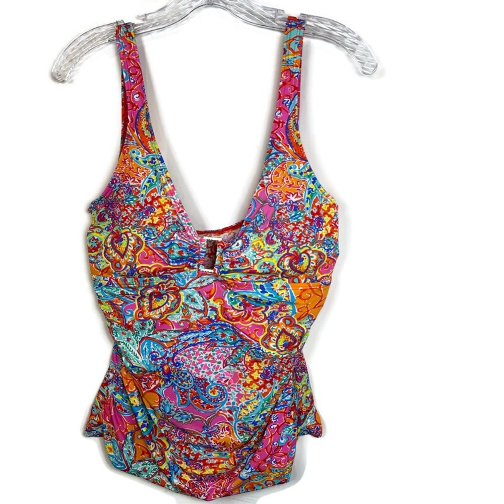Lauren Ralph Lauren Amara Tankini Top 8 Paisley Gold Hardware Boho Swim